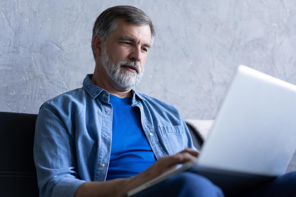 Homem branco sentado no sofá com notebook