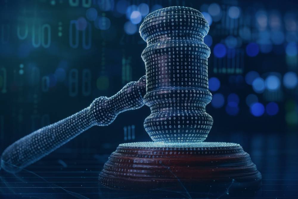 Martelo digital representando tecnologia aplicada à licitação pública, simbolizando inovação e transformação digital no setor de compras governamentais.