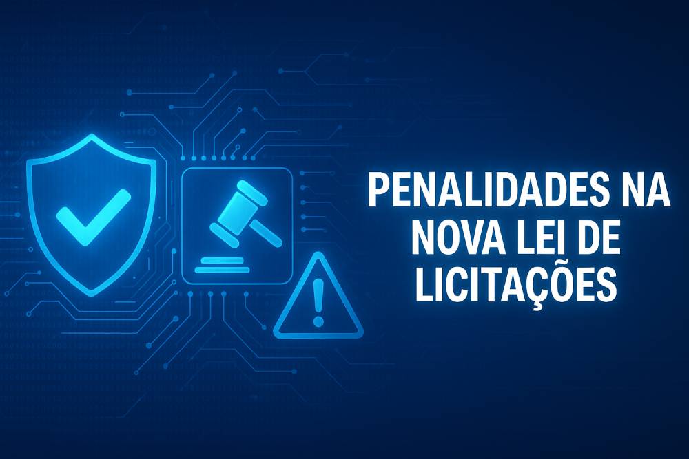 Imagem com ícones digitais de escudo, martelo jurídico e alerta, ao lado do texto 'Penalidades na Nova Lei de Licitações' em destaque sobre fundo azul