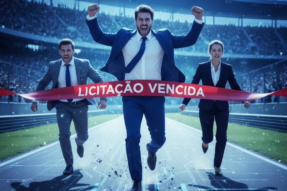 Empresários comemorando vitória em concorrência de licitação, simbolizando competitividade e sucesso no mercado de compras públicas.