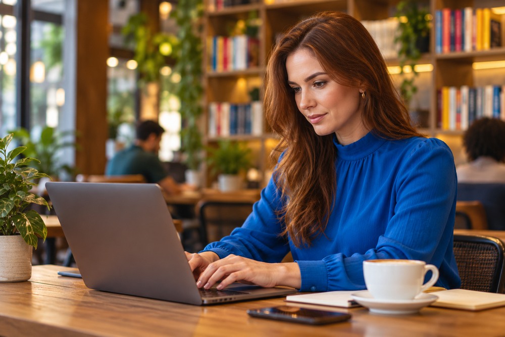 Mulher sentada à mesa com notebook pesquisando sobre as modalidades de licitação.