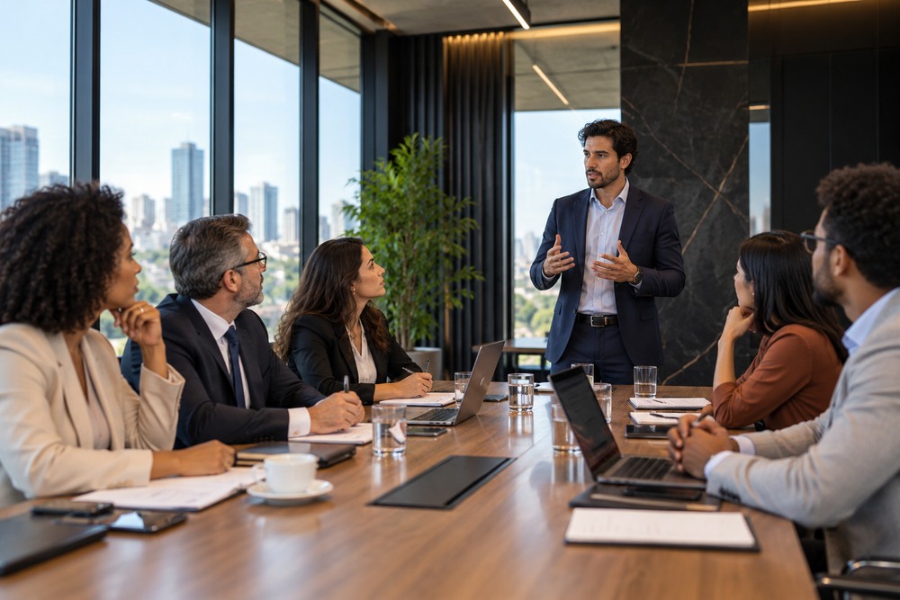 Sala com executivos em reunião