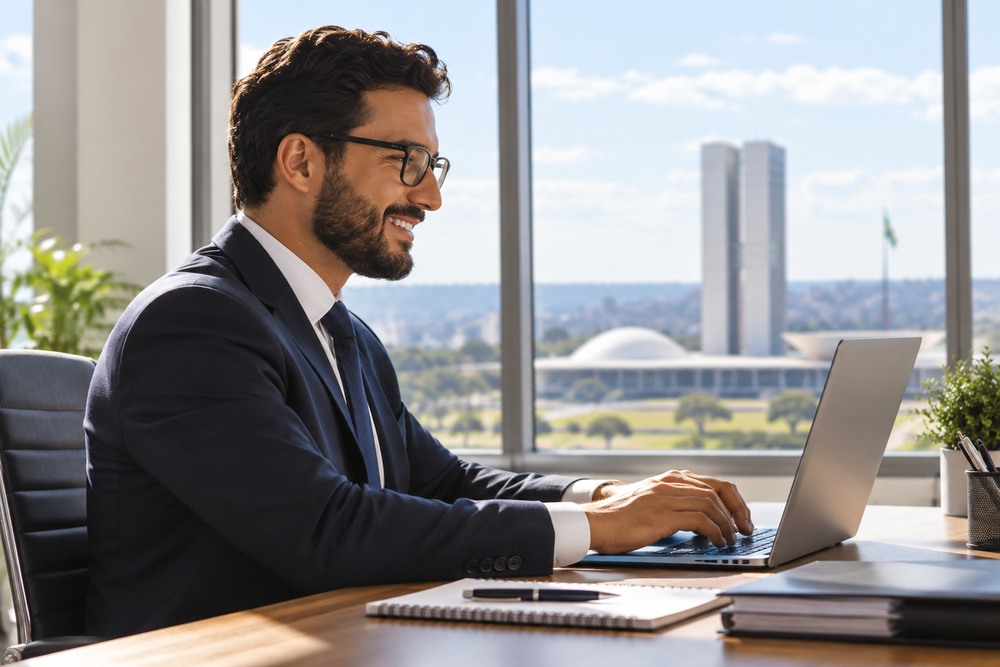 Empresário sorridente com notebook aberto e digitando um contrato após fechar uma licitação