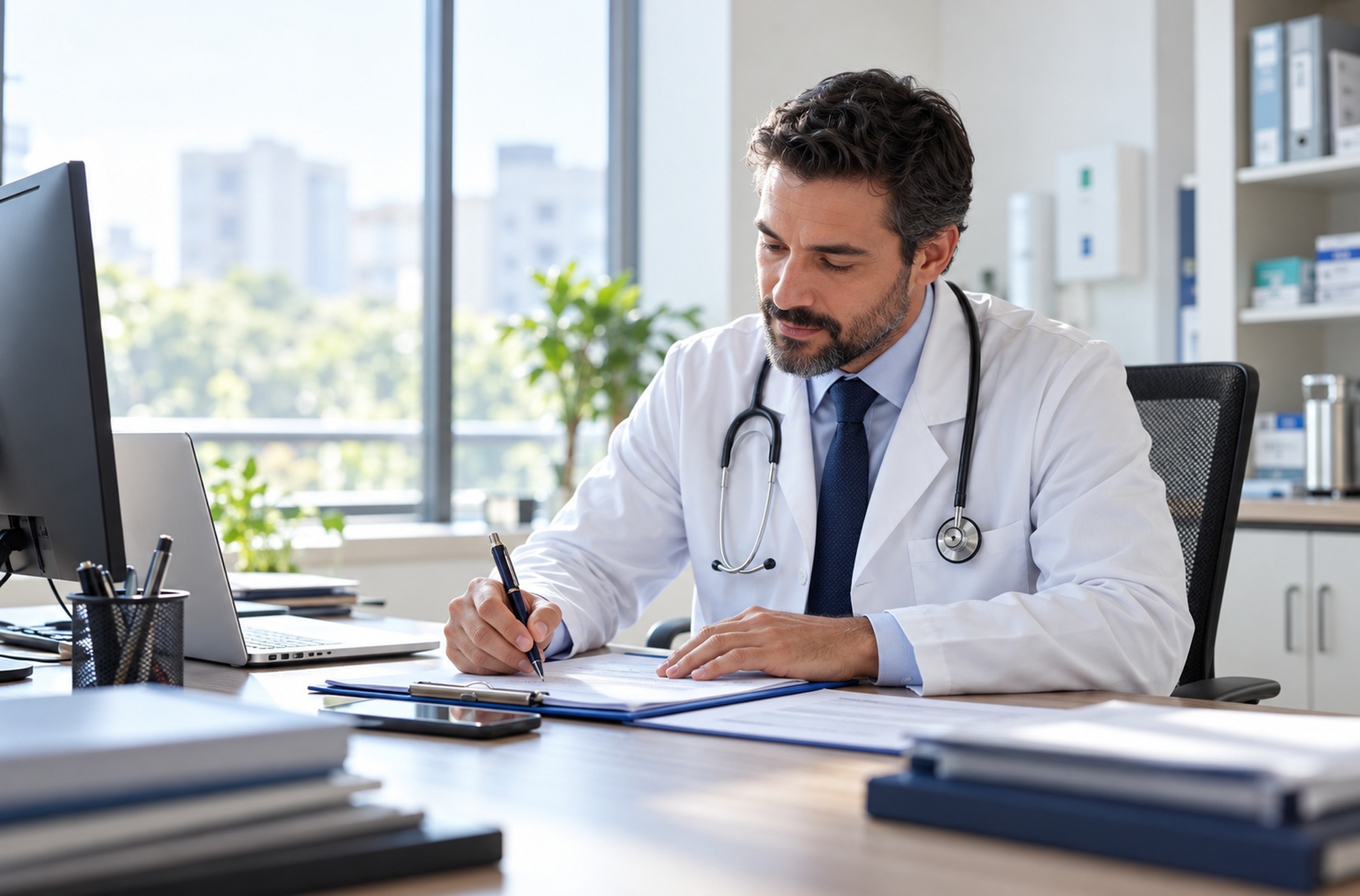 Médico no hospital avaliando licitações no setor da saúde