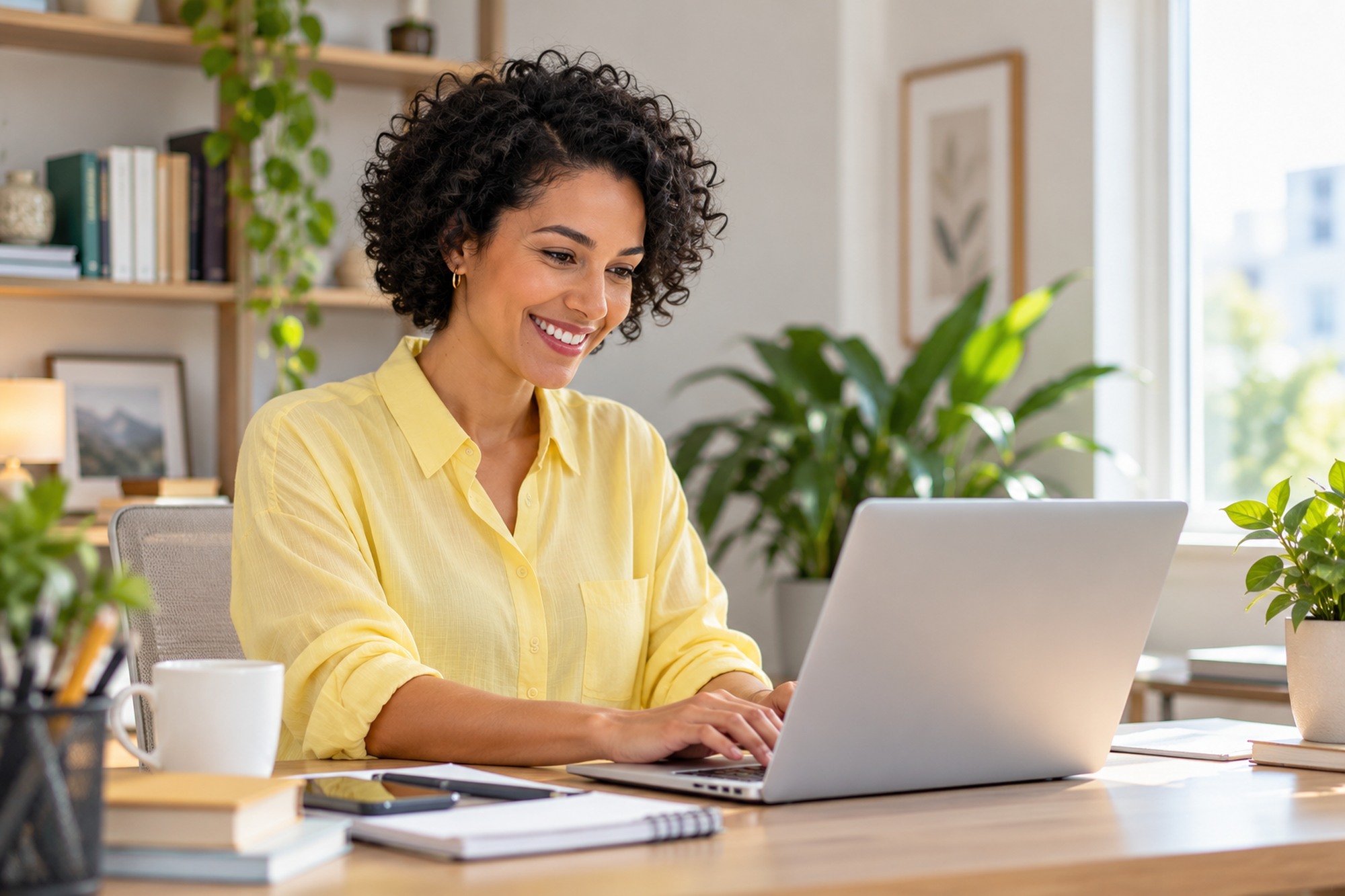 mulher jovem sorrindo com notebook na mesa utilizando o eLicitaProposta para o Portal e Compras Públicas